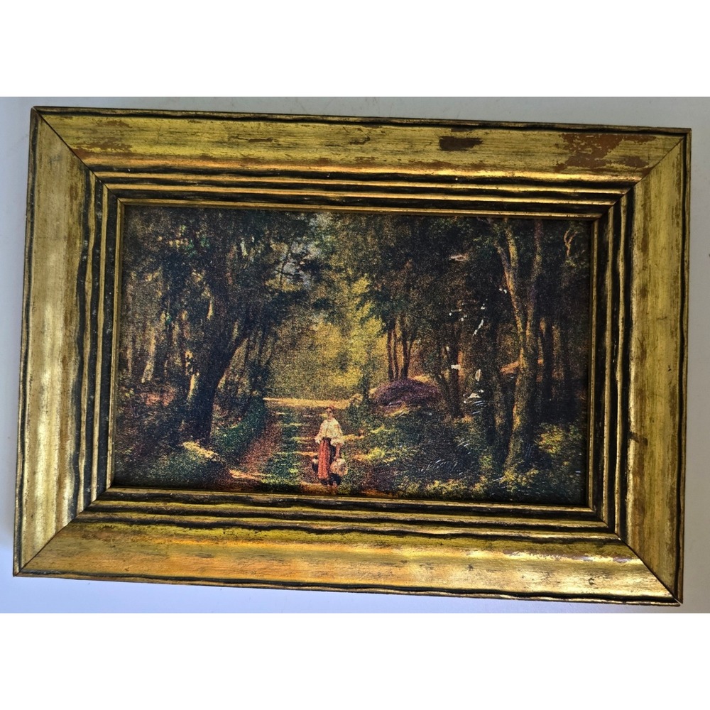 Vtg Original Miniture Impressionistic Landscape Women Painting Gold Wood Frame